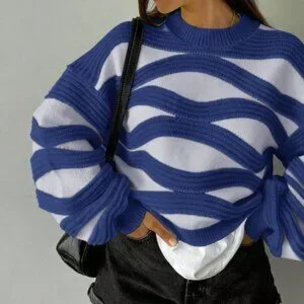 ZARA Dark Blue Casual Women's Wavy Striped Long Sleeve Sweater